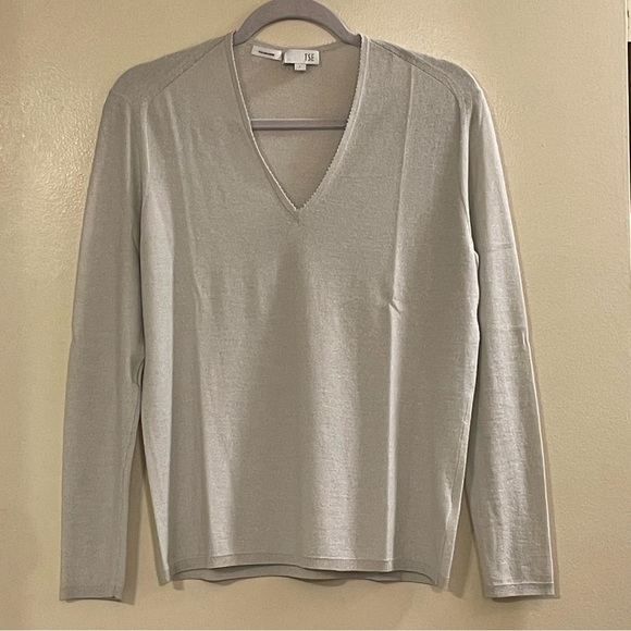 TSE Cashmere Lurex V-Neck Top in Platinum - Picture 6 of 11